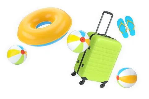 Set of suitcase, beach ball, flip flops, and float ring isolated on white b.. Illustrazione stock