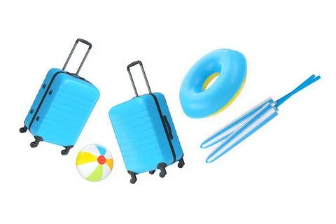 Set of suitcase, beach ball, flip flops, and float ring isolated on white b.. Stock Illustration