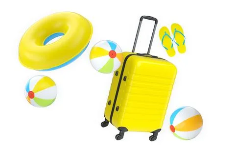Set of suitcase, beach ball, flip flops, and float ring isolated on white bac Stock Illustration