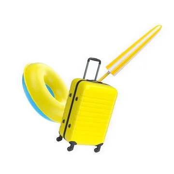 Set of suitcase, beach ball, flip flops, and float ring isolated on white b.. Stock Illustration