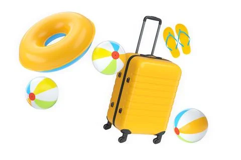 Set of suitcase, beach ball, flip flops, and float ring isolated on white Stock Illustration