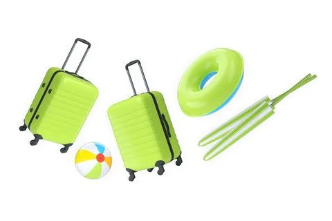Set of suitcase, beach ball, flip flops, and float ring isolated on white b.. Stock Illustration