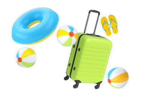 Set of suitcase, beach ball, flip flops, and float ring isolated on white b.. Stock Illustration