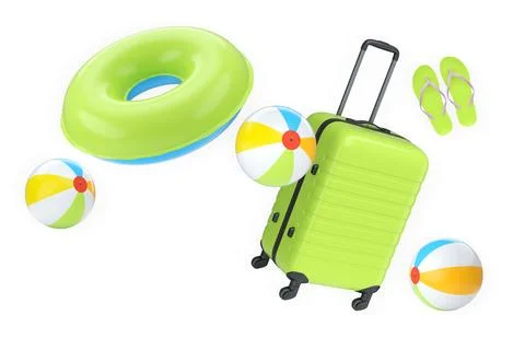 Set of suitcase, beach ball, flip flops, and float ring isolated on white b.. Stock Illustration