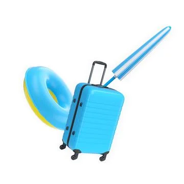 Set of suitcase, beach ball, flip flops, and float ring isolated on white b.. Stock-Illustration