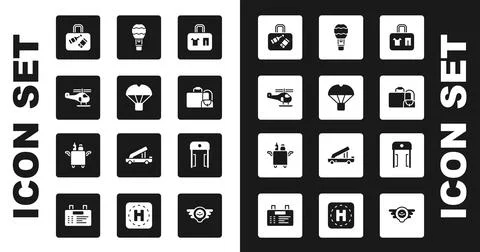 Set Suitcase, Box flying on parachute, Helicopter, Hot air balloon, Metal イラスト素材