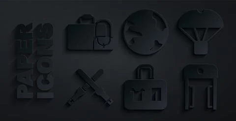 Set Suitcase, Box flying on parachute, Marshalling wands, Metal detector airport Stock Illustration