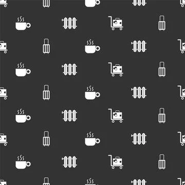 Set Suitcase, , Coffee cup and Heating radiator on seamless pattern. Vector Stock Illustration