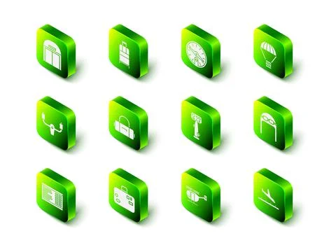 Set Suitcase, Compass, Box flying on parachute, Aviator hat with goggles, Plane Stock Illustration