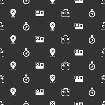 Set Suitcase, Compass, Plane and Action camera on seamless pattern. Vector Stockillustratie