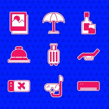 Set Suitcase, Diving mask and snorkel, Air conditioner, Sunbed umbrella, Airl Stock Illustration