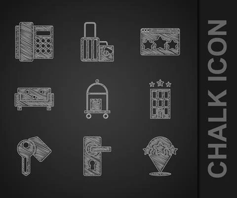 Set Suitcase, Door handle, Five stars rating review, Hotel building, door lock Illustration