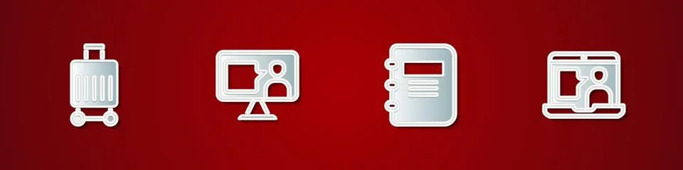 Set Suitcase, Foreign language online study, Notebook and  icon. Vector Stock Illustration