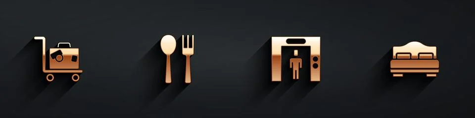 Set Suitcase, Fork and spoon, Lift and Hotel room bed icon with long shadow Stock Illustration