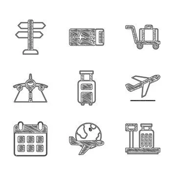 Set Suitcase, Globe with flying plane, Scale suitcase, Plane takeoff, Calendar Illustration