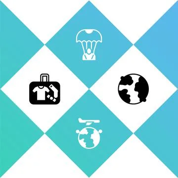 Set Suitcase, Globe with flying plane, Parachute and Worldwide icon. Vector Stock Illustration