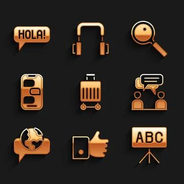 Set Suitcase, Hand like, Chalkboard, Two sitting men talking, Learning fore.. Stock Illustration