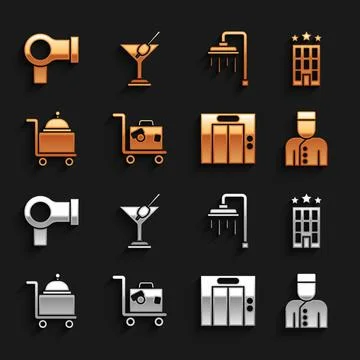 Set Suitcase, Hotel building, Concierge, Lift, Covered with tray, Shower, Hai Ilustración de archivo