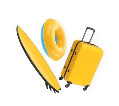 Set of suitcase, inflatable swim ring, and surfboard isolated on white back.. Stock Illustration