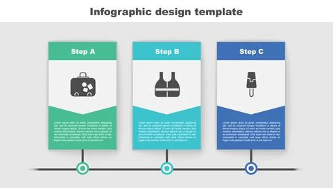 Set Suitcase, Life jacket and Ice cream. Business infographic template. Vector Illustrazione stock