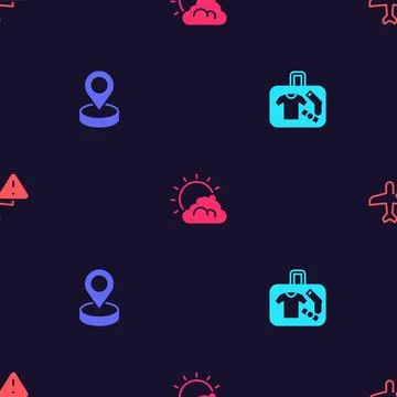 Set Suitcase, Location, Sun and cloud weather and Warning aircraft on seamless Illustrazione stock