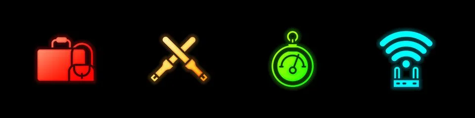 Set Suitcase, Marshalling wands, Barometer and Router wi-fi signal icon. Vector Stock Illustration