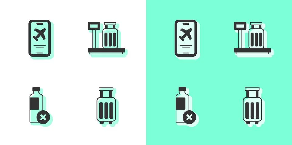 Set Suitcase, Mobile with ticket, No water bottle and Scale suitcase icon 스톡 일러스트