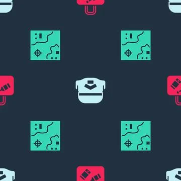 Set Suitcase, Pilot hat and World travel map on seamless pattern. Vector Stock Illustration