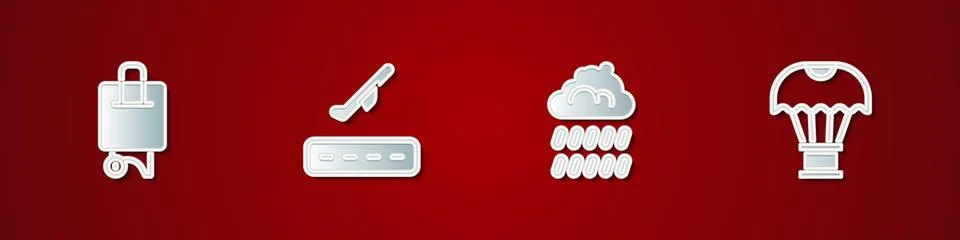 Set Suitcase, Plane takeoff, Cloud with rain and Box flying on parachute ic.. Stock Illustration