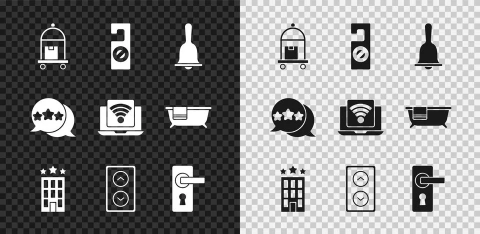 Set Suitcase, Please do not disturb, Hotel service bell, building, Lift, Door Ilustración de archivo
