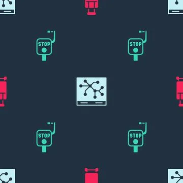 Set Suitcase, Railway map and Emergency brake on seamless pattern. Vector Stock Illustration