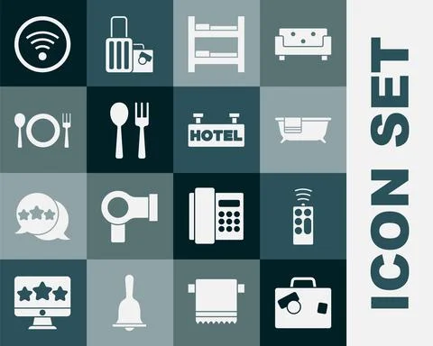 Set Suitcase, Remote control, Bathtub, Hotel room bed, Fork and spoon, Plate Stock Illustration