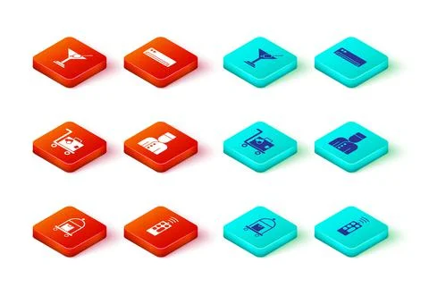 Set Suitcase, Remote control, Concierge, Air conditioner and Martini glass icon Illustrazione stock