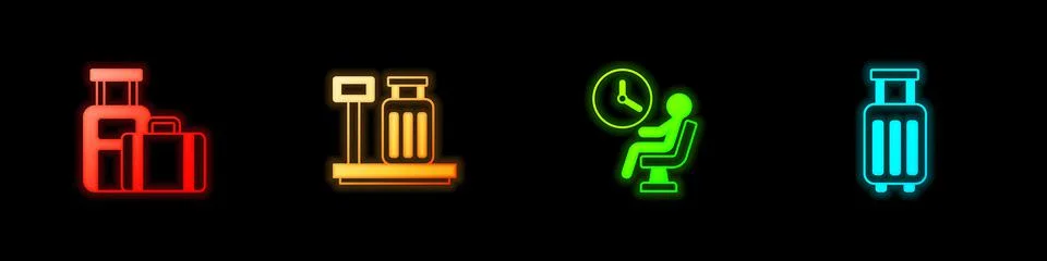 Set Suitcase, Scale with suitcase, Human waiting in airport terminal and icon Illustration
