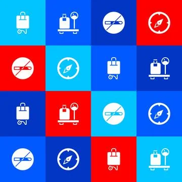 Set Suitcase, Scale with suitcase, No Smoking and Compass icon. Vector Stockillustratie