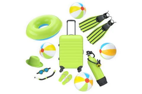 Set of suitcase with sunglasses, beach balls, camera, hat, and flip-flops i.. Illustration