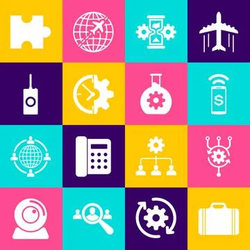 Set Suitcase for travel, Algorithm, Contactless payment, Hourglass and gear Stock Illustration