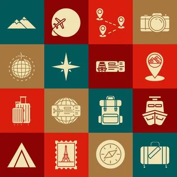 Set Suitcase for travel and stickers, Ship, Map pointer with Egypt pyramids.. イラスト素材