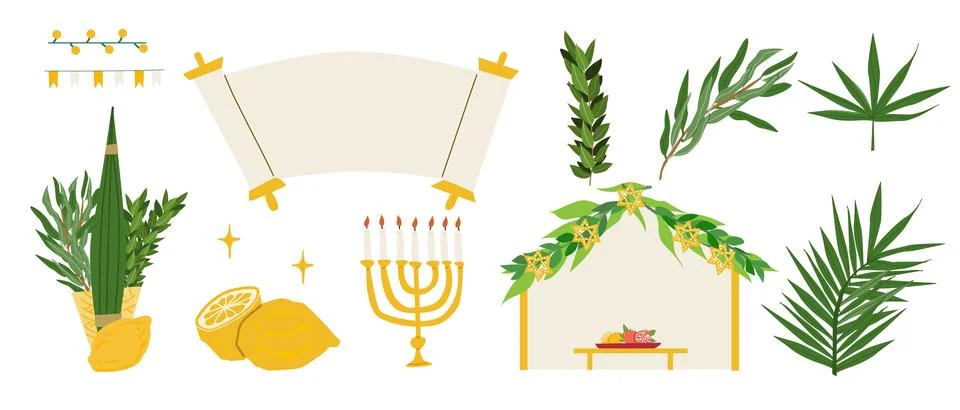 Set of Sukkot holiday elements featuring a decorated sukkah, lulav, etrog, palm イラスト素材