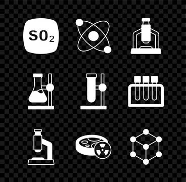 Set Sulfur dioxide SO2, Atom, Microscope, Test tube with toxic liquid, Molecule Stockillustratie