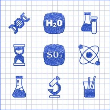 Set Sulfur dioxide SO2, Microscope, Laboratory glassware, Atom, Test tube, Old Illustrazione stock