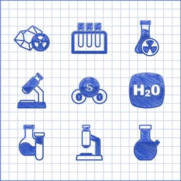 Set Sulfur dioxide SO2, Microscope, Test tube, Chemical formula H2O, with t.. Stockillustratie