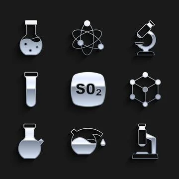 Set Sulfur dioxide SO2, Test tube, Microscope, Molecule, and icon. Vector Stockillustratie