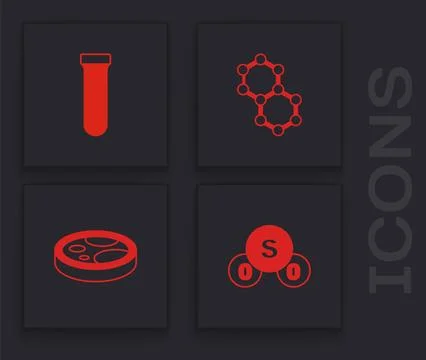Set Sulfur dioxide SO2, Test tube, Molecule and Petri dish with bacteria icon 库存插图