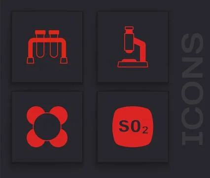 Set Sulfur dioxide SO2, Test tube, Microscope and Molecule icon. Vector Stock Illustration