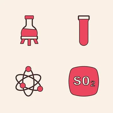 Set Sulfur dioxide SO2, Test tube,  and Atom icon. Vector Illustrazione stock