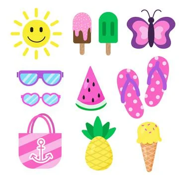 Set of summer and vacation elements. Smiling sun, ice creams, sunglasses Stock Illustration
