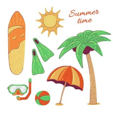 Set summer beach activity holidays and sea diving surfing travel. Vector cartoon Stock Illustration