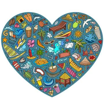 Set of Summer Beach cartoon doodle objects. Heart form composition Stock Illustration