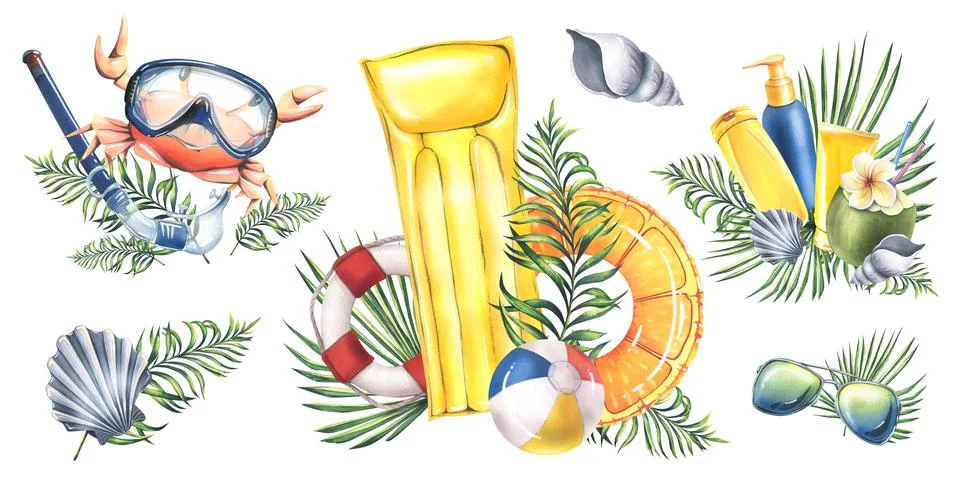 Set of summer, beach compositions with inflatable toys, snorkel mask, tropical Stock Illustration